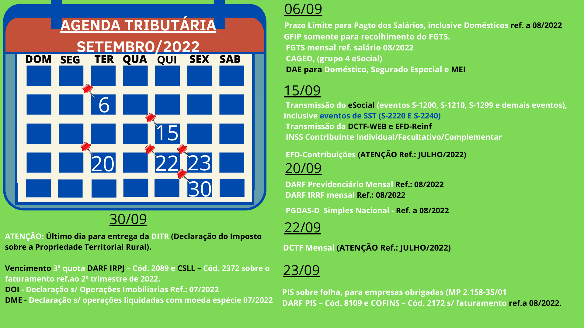 RESUMO DAS PRINCIPAIS OBRIGAÇÕES AGENDA TRIBUTÁRIA SETEMBRO/2022